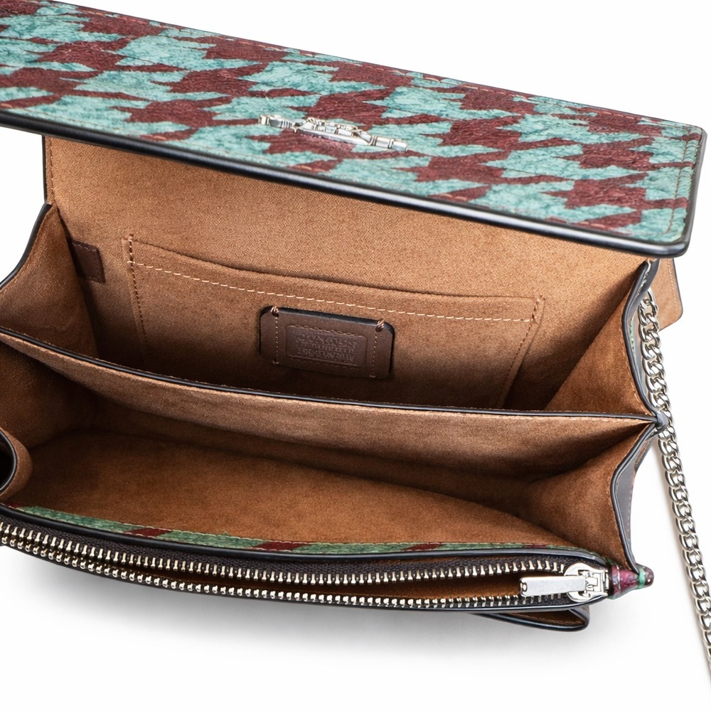 Coach Mini Klare Crossbody Teal/Wine Houndstooth Leather Chain Strap Purse - Picture 4 of 7